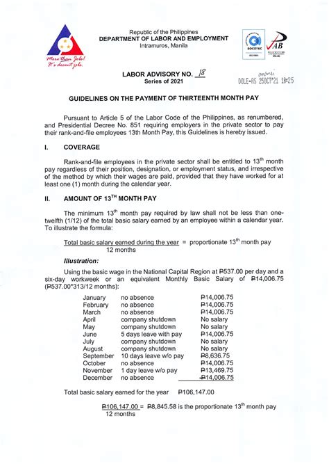 Labor Advisory On The Period For Payment And/Or Release Of  .